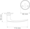 Ritning av dörrhandtag med mått: längd 113 mm, höjd 50 mm. Nyckelskylt med diameter 50 mm.