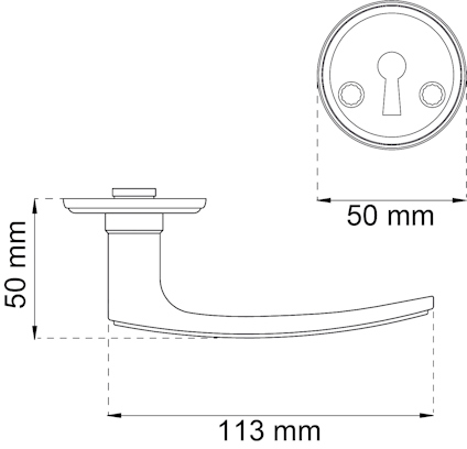 Ritning av dörrhandtag med mått: längd 113 mm, höjd 50 mm. Nyckelskylt med diameter 50 mm.