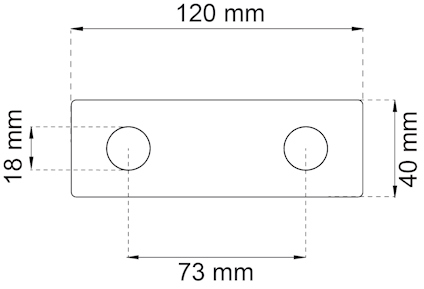 Rektangulär platta med två cirkulära hål, mått 120 mm x 40 mm, 18 mm mellanrum på höjden, 73 mm mellan hålen.