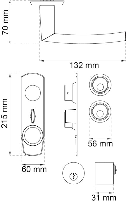 Ritning av dörrhandtag med mått: handtag 132x70 mm, lås 215x60 mm, vred 31 mm, skruvhål 56 mm.