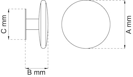 Ritning med måttangivelser: A mm (diameter), B mm (djup) och C mm (distans) av en cirkulär knopp.