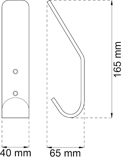 Ritning av en krok med måtten 40 mm i bredd, 65 mm i djup och 165 mm i höjd.
