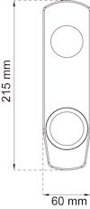Ritning av avlångt handtag med två cirkulära fästen. Mått: 215 mm x 60 mm.
