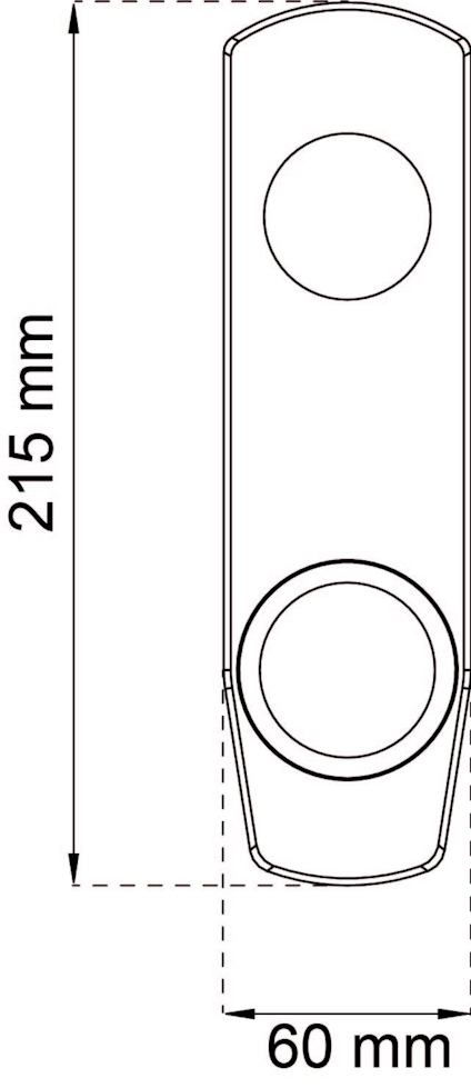 Ritning av avlångt handtag med två cirkulära fästen. Mått: 215 mm x 60 mm.