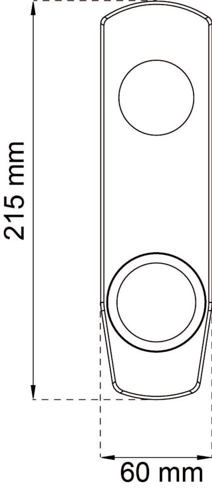 Ritning av mått på en rektangulär panel med två cirkulära utskärningar, 215 mm x 60 mm.