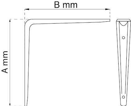 Illustration av en L-formad väggkonsol, med mått A mm och B mm angivna.
