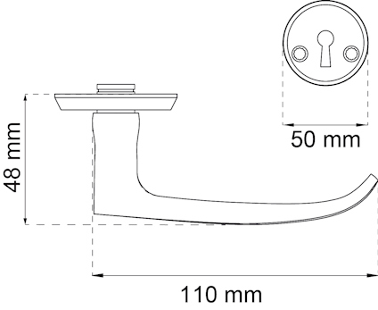 Streckritning av dörrhandtag med mått: 110x48 mm, separat nyckelhål med 50 mm diameter.