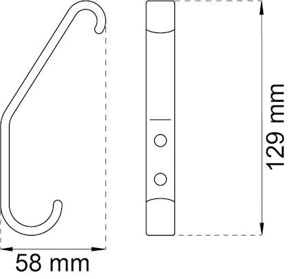 Ritning av krok med måtten 58 mm x 129 mm.