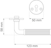 Illustration av dörrhandtag med mått: diameter 50 mm för rosett, längd 123 mm och höjd 58 mm.