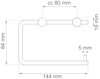 Diagram av en väggmonterad handdukshållare med måtten 144 mm x 84 mm. Monteringsavstånd: 80 mm.