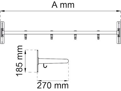 Diagram över en stång med krokar. Total längd A mm. Höjd 185 mm och djup 270 mm.