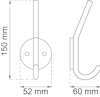 Ritning av en krok med diameter 52 mm och djup 60 mm, höjd 150 mm.