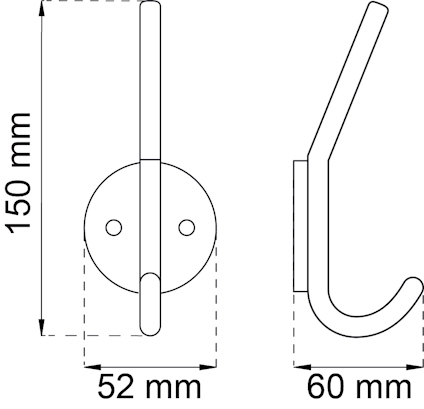Ritning av en krok med diameter 52 mm och djup 60 mm, höjd 150 mm.