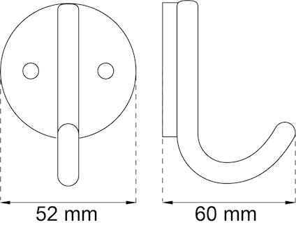 Ritning av en krok med måtten 52 mm bredd och 60 mm djup.