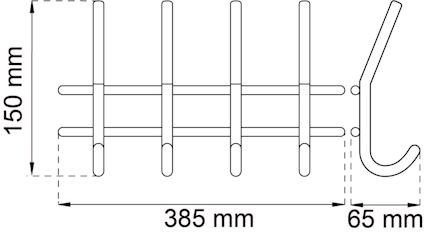 Måttsatt ritning av en krok och stång, 150 mm hög, 385 mm bred, 65 mm djup.