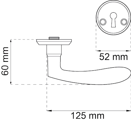 Ritning av dörrhandtag med mått: 125 mm längd, 60 mm höjd, och 52 mm för nyckelhålsrosett.