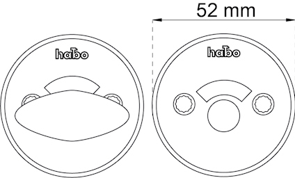 Ritning av två runda dörrhandtag från Habo med en diameter på 52 mm.