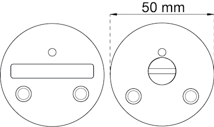 Två cirkulära diagram med hål och skåror, märkta med "50 mm" ovanför.