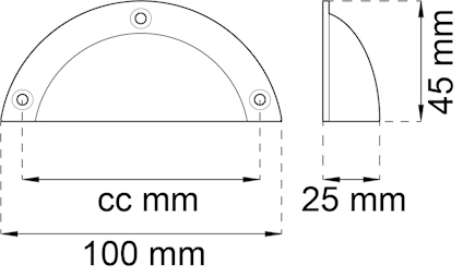 Halv cirkelformad metallhandtag med fyra skruvhål och måtten 100 mm bredd, 45 mm höjd och 25 mm djup.