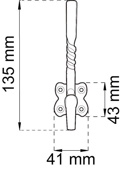 Ritning av ett handtag med mått: 135 mm hög, 41 mm bred vid bas och 43 mm bred vid fäste.