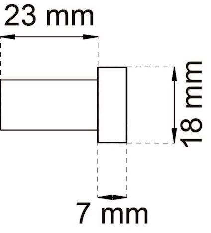 Ritning av en cylinder med måtten 23 mm längd, 18 mm diameter och 7 mm avsmalnande sektion.