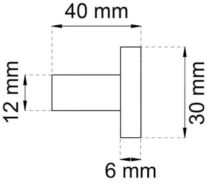 Ritning av en T-formad detalj med mått: bredd 40 mm, höjd 30 mm, tjocklek 6 mm, skaftlängd 12 mm.