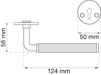 Dörrhandtag med måtten: Längd 124 mm, höjd 58 mm. Nyckelhålsskylt diameter 50 mm.