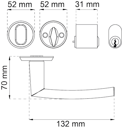 Ritning av dörrhandtag med lås; mått: 70 mm höjd, 132 mm längd, delar 52 mm och 31 mm.