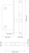 Ritning av dörrlås med mått: 225x50 mm, 64 mm djup. Fronstycke 22 mm bred, slutbleck 40 mm bred och 200 mm lång.