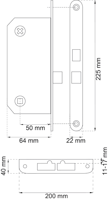 Ritning av dörrlås med mått: 225x50 mm, 64 mm djup. Fronstycke 22 mm bred, slutbleck 40 mm bred och 200 mm lång.