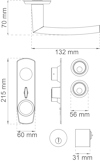 Ritning av dörrhandtag och låsset, med mått: 70 mm, 132 mm, 215 mm, 60 mm, 56 mm, 31 mm.