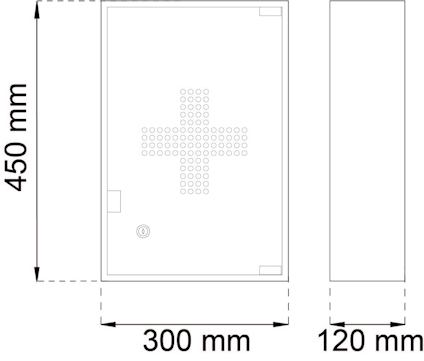 Rektangulär struktur med måtten 450 mm x 300 mm x 120 mm.
