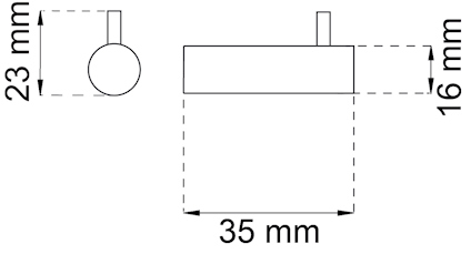 Ritning av cylinderformad komponent. Mått: höjd 23 mm, diameter 35 mm, utstickande del 16 mm.