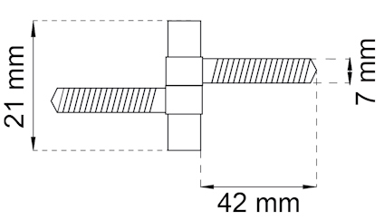 Teknisk ritning av en bult med måtten 21 mm x 42 mm, gängad sektion är 7 mm lång.