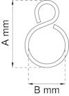 Ritning av metallögla med måttangivelser; höjd "A mm" och bredd "B mm".