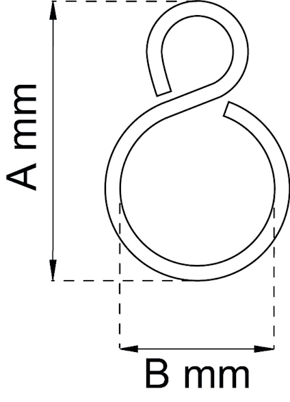 Ritning av metallögla med måttangivelser; höjd "A mm" och bredd "B mm".
