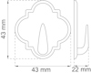 Svartvit ritning av väggkrok med mått: höjd 43 mm, bredd 43 mm, djup 22 mm.