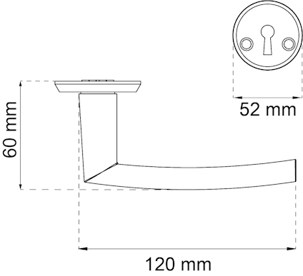 Ritning av dörrhandtag med dimensioner: 60 mm höjd, 120 mm längd. Rund nyckelskylt med 52 mm diameter.