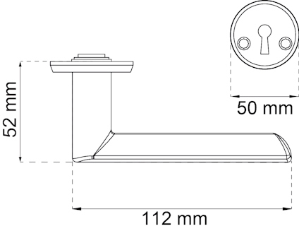 Illustration av ett dörrhandtag med måtten 52 mm i höjd, 112 mm i längd och 50 mm i rosettens diameter.