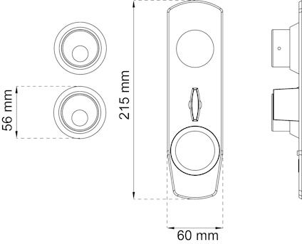 Diagram över dörrhandtagskomponenter med mått: 215x60mm och 56mm diameter.