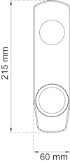Ritning av ett föremål med två cirkulära utskärningar, måtten 215 mm x 60 mm visas.