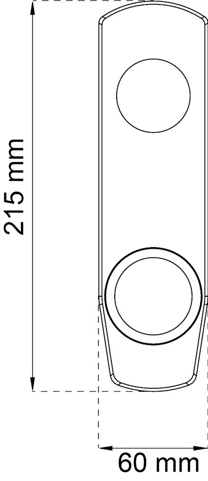 Ritning av ett föremål med två cirkulära utskärningar, måtten 215 mm x 60 mm visas.