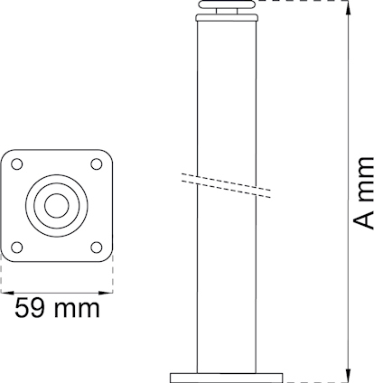 Ritning av rör med fyrkantig bas, diametermått 59 mm och höjdmått markerat som "A mm".