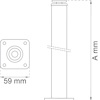 Ritning av rörformad komponent med basplatta, 59 mm bredd, och höjd markerad som "A mm".