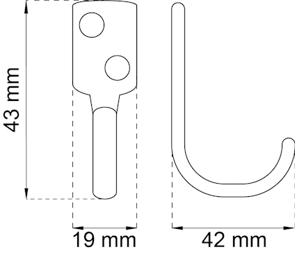 Tvådimensionell ritning av en krok med måtten 43x19 mm och 42 mm.
