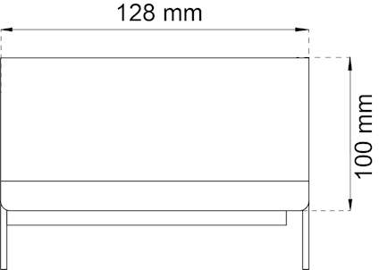 Rektangel med måtten 128 mm bredd och 100 mm höjd, linjer och pilar indikerar dimensioner.
