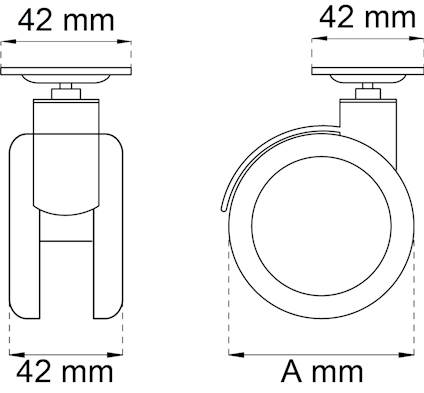 Ritning av hjul med 42 mm diameter och bredd, sedd från sidan och framifrån, med måttangivelser.