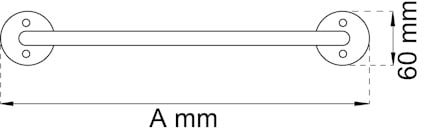 Ritning av en stång med två runda fästen, märkta 60 mm, total längd markerad som A mm.