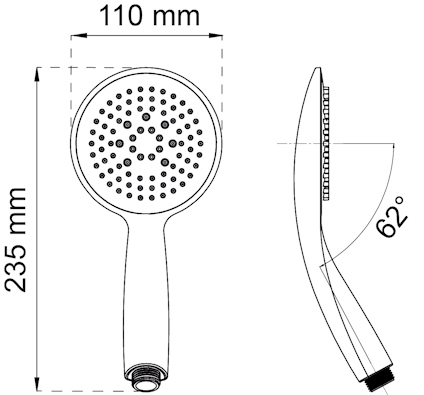 Illustration av duschhandtag med mått: 110 mm i diameter, 235 mm långt, lutning på 62 grader.
