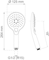 Ritning av en duschhandtag med mått: diameter 125 mm, längd 264 mm, vinklad 18 grader. Koppling G1/2 (R15).